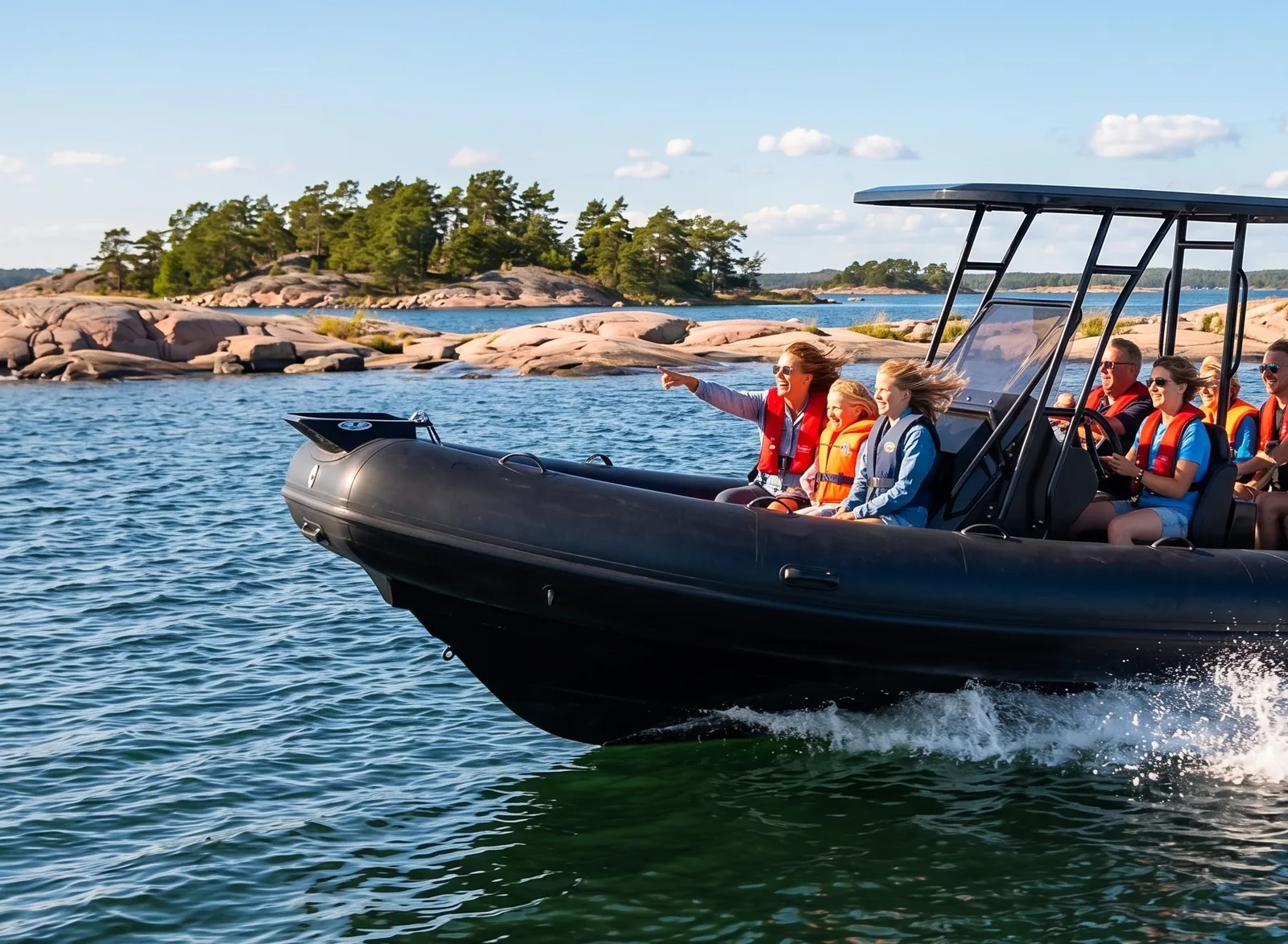 A group in life jackets aboard a RIB boat in the Oxelösund archipelago, one of them pointing towards land